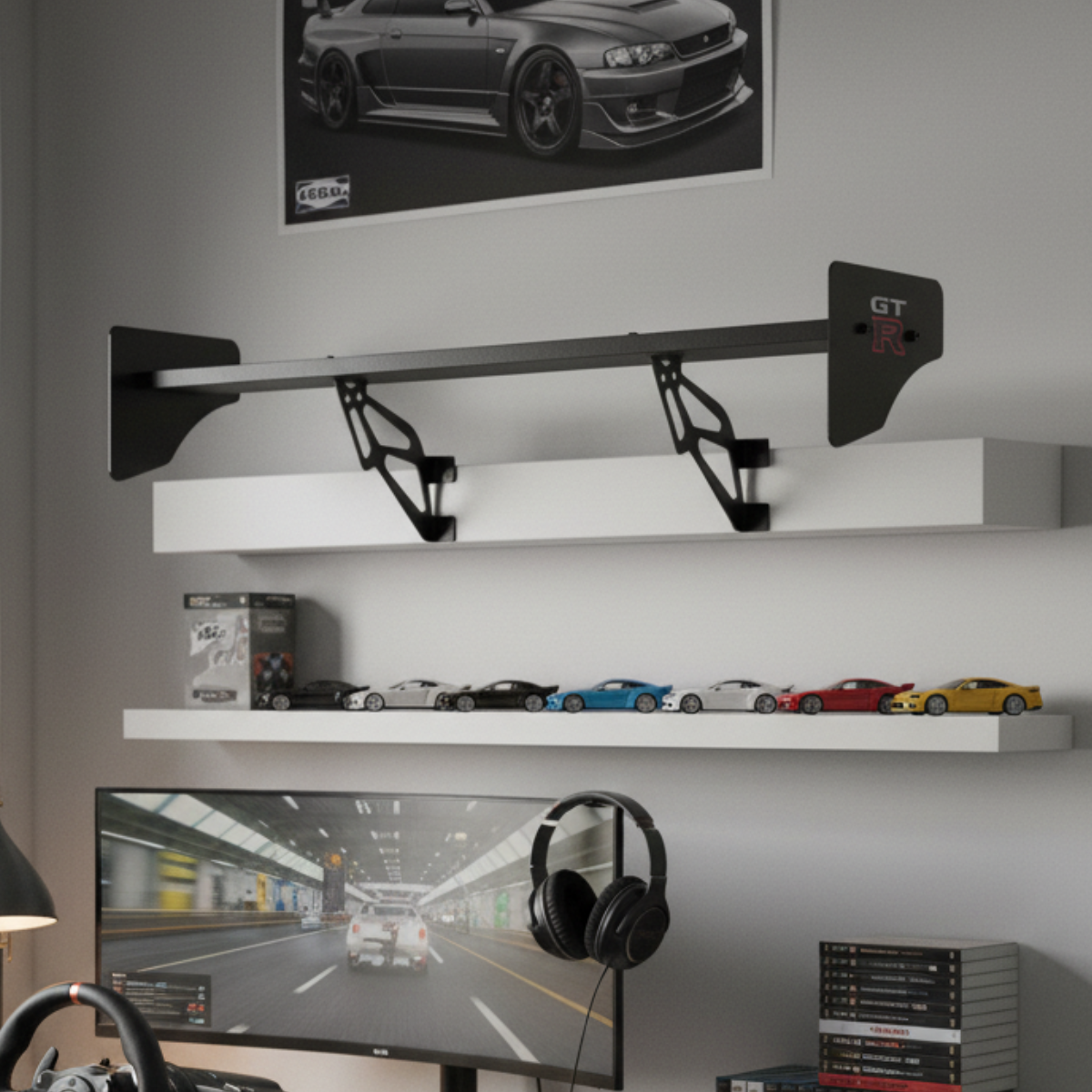 GT-R Racing Spoiler Wall Shelf 21 - Black Aluminum Wing Design Display Shelf